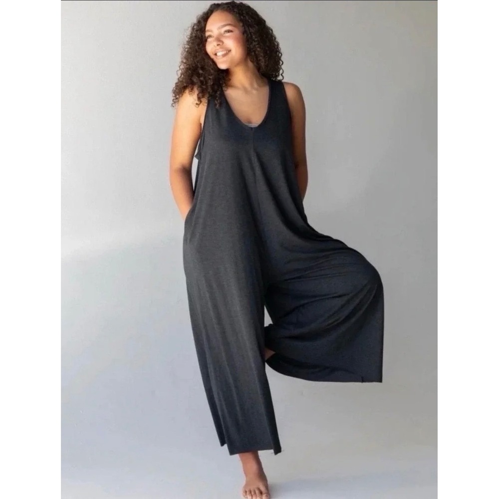 Natural Life Charcoal Grey Sleeveless V-Neck Wide Leg Jumpsuit One Size OS